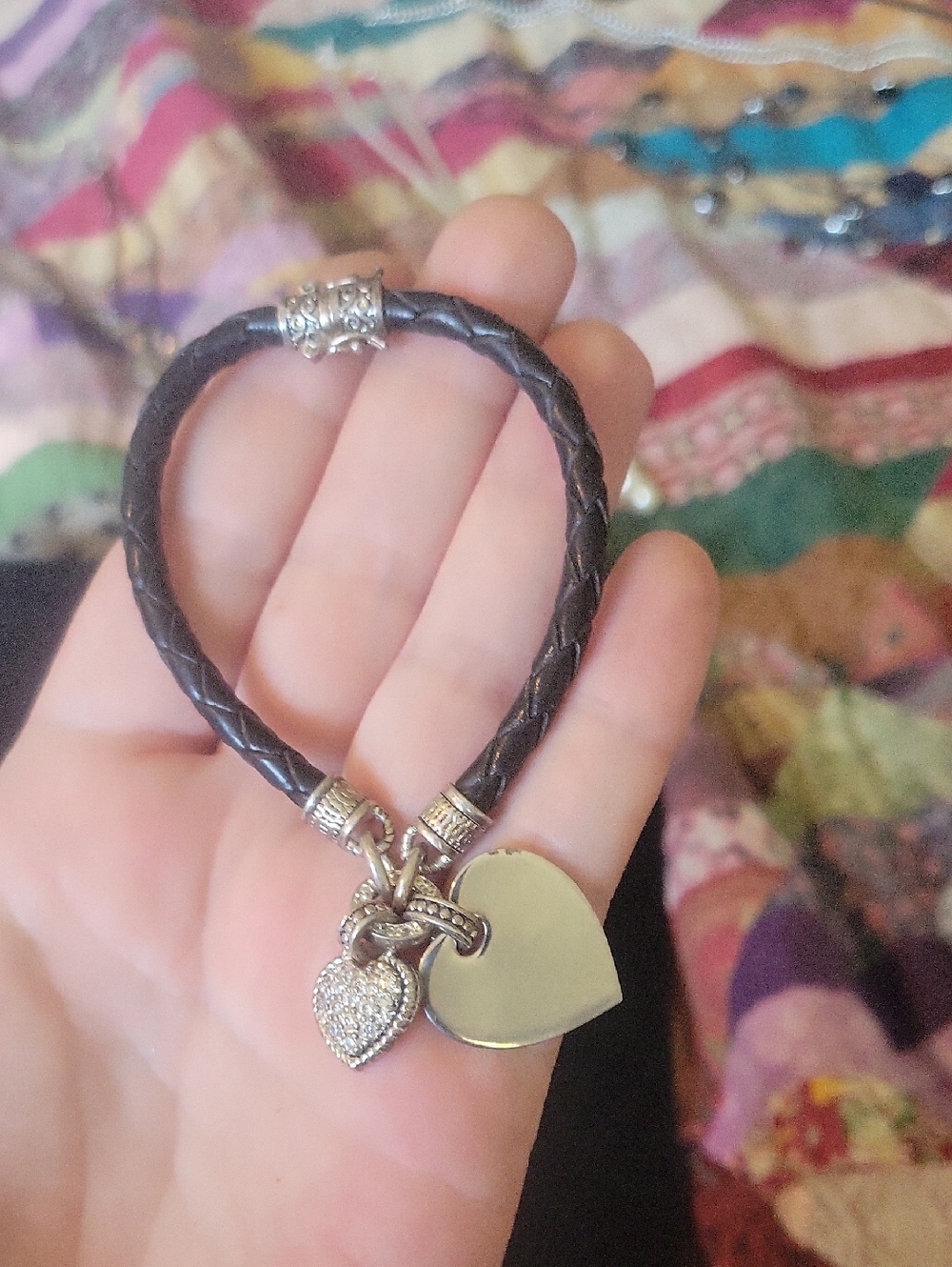Leather Heart Charm Bracelet - Black with Gold Accents